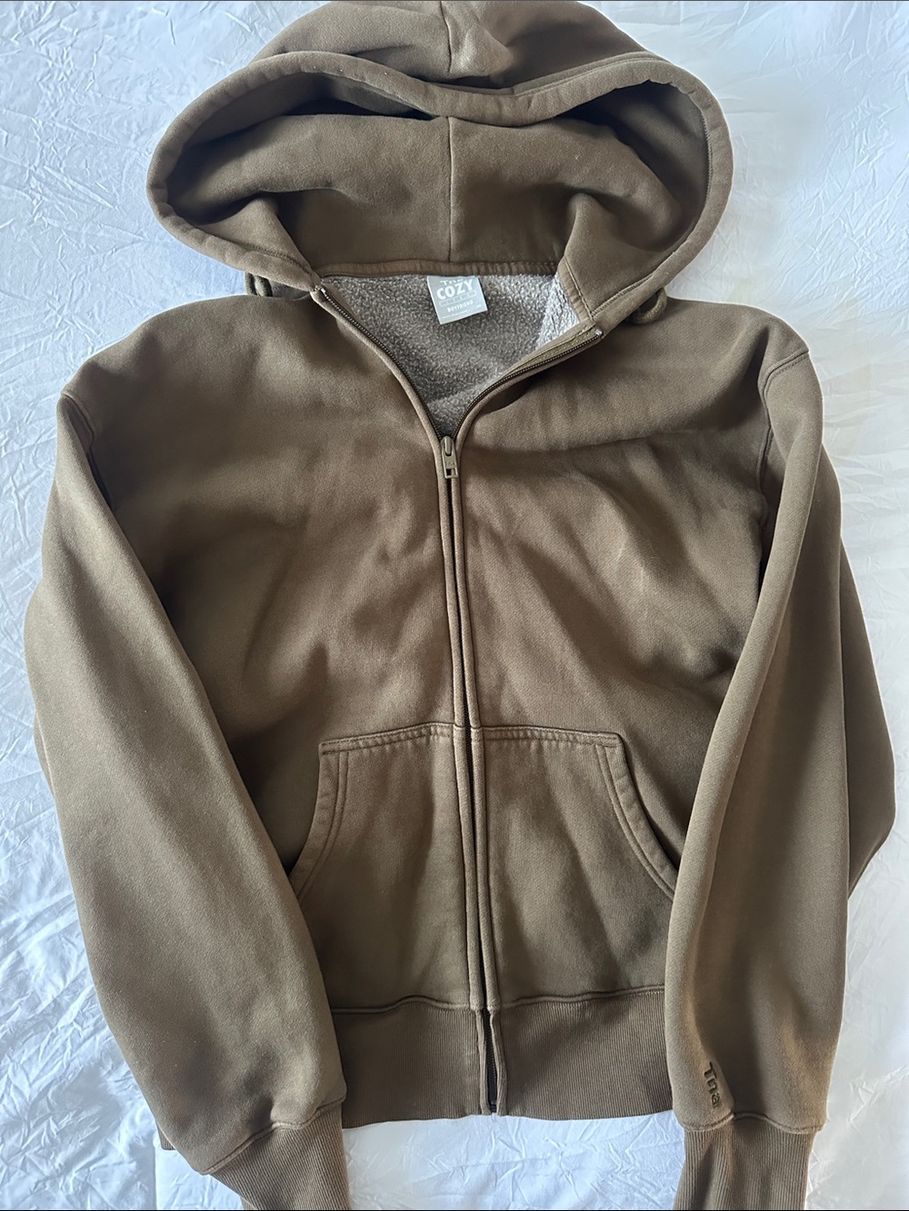 TNA Cozy Boyfriend Zip-Up Hoodie in Olive Green/Khaki